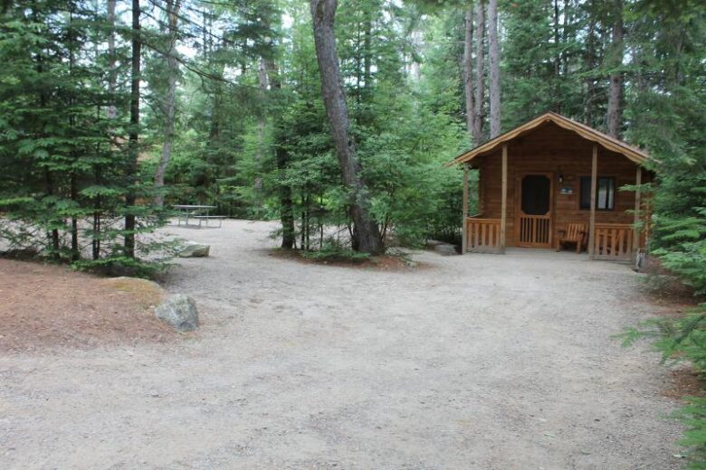 Rustic cabin in a forest campsite with picnic table.