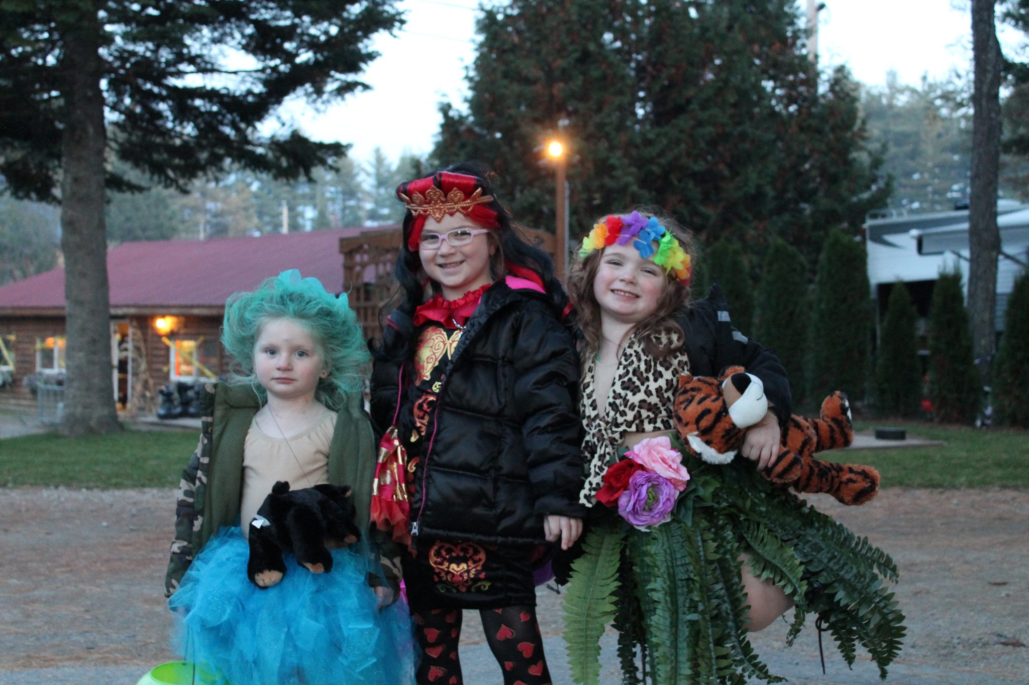Three girls in Halloween costumes: fairy, queen, and jungle cat with tiger toy.